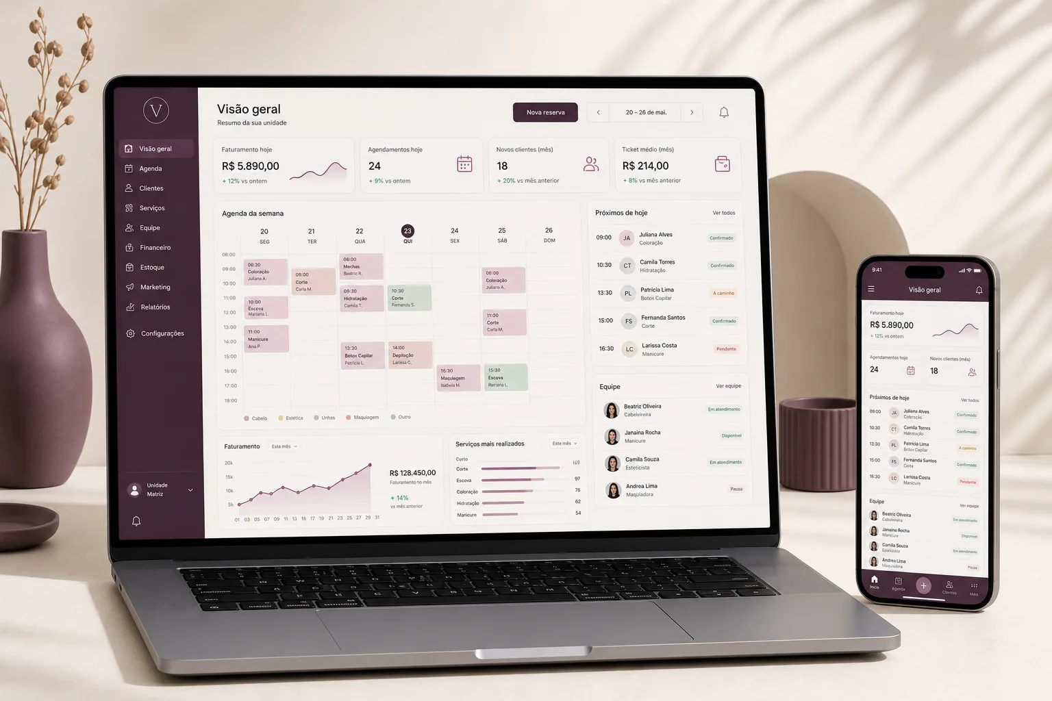 Painel do sistema para salão de beleza Venuxis com agenda, indicadores e equipe